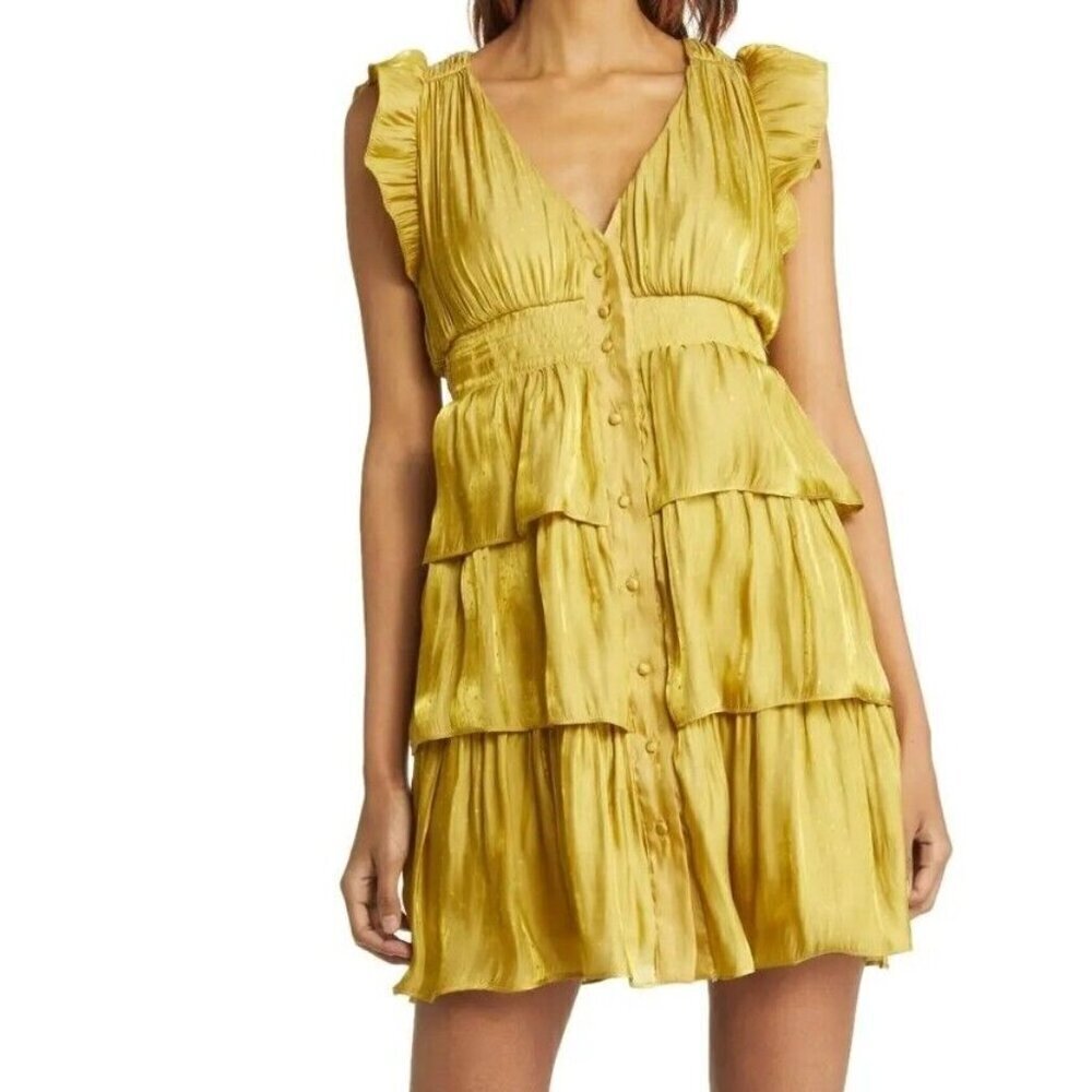 New Ciebon Persia Metallic Stripe Ruffle Dress Womens S Yellow Mini Tiered